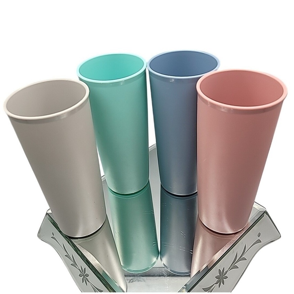 Vintage Tupperware Tumblers Cups Set of 4 16oz Gray Aqua Blue‎ Pink #107